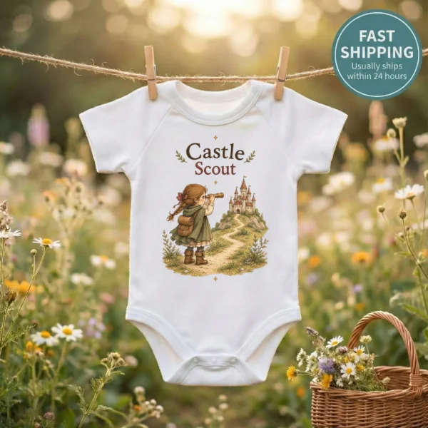 Castle Scout, Storybook Fantasy Baby Bodysuit or Toddler Shirt — baby bodysuit mockup castle scout baby bodysuit front view