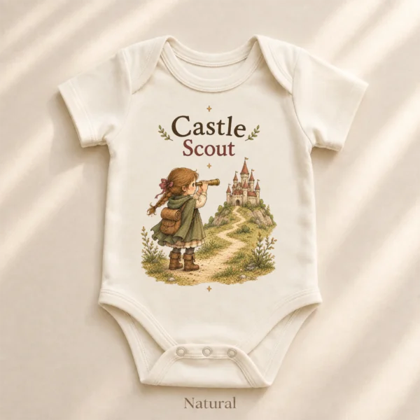 Castle Scout, Storybook Fantasy Baby Bodysuit or Toddler Shirt — alternate product mockup castle scout baby bodysuit alternate angle