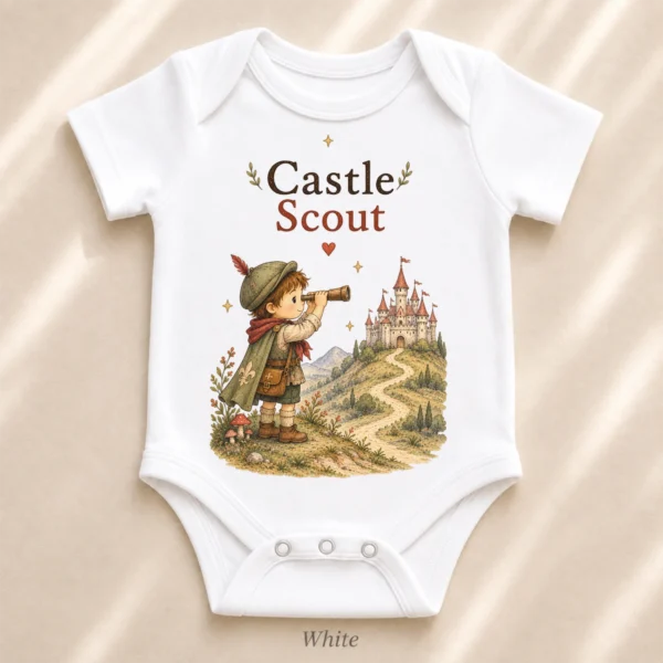Castle Scout, Storybook Fantasy Baby Bodysuit or Toddler Shirt — alternate product mockup castle scout baby bodysuit product photo