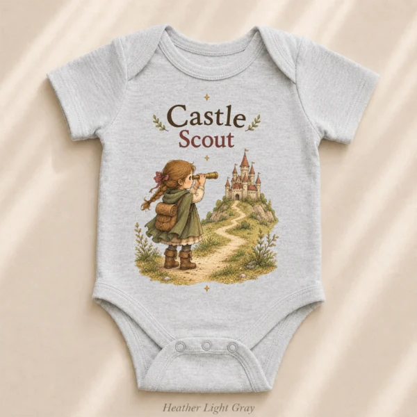 Castle Scout, Storybook Fantasy Baby Bodysuit or Toddler Shirt — alternate product mockup castle scout baby bodysuit product photo