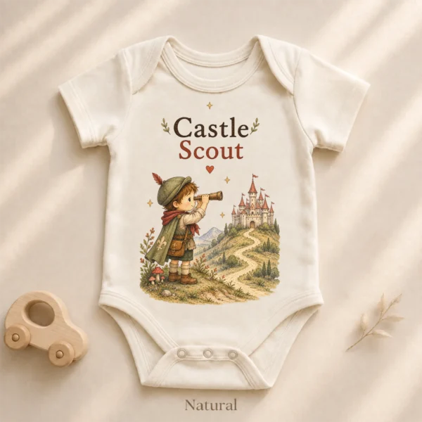 Castle Scout, Storybook Fantasy Baby Bodysuit or Toddler Shirt — alternate product mockup castle scout baby bodysuit product photo