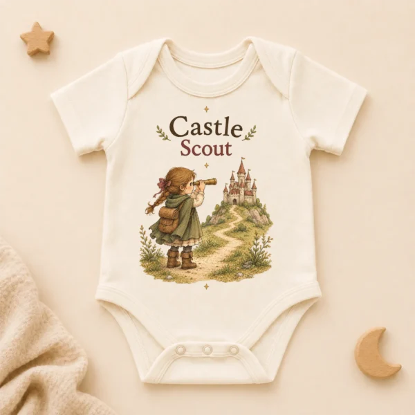 Castle Scout, Storybook Fantasy Baby Bodysuit or Toddler Shirt — alternate product mockup castle scout baby bodysuit product photo
