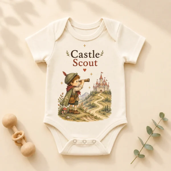 Castle Scout, Storybook Fantasy Baby Bodysuit or Toddler Shirt — alternate product mockup castle scout baby bodysuit product photo
