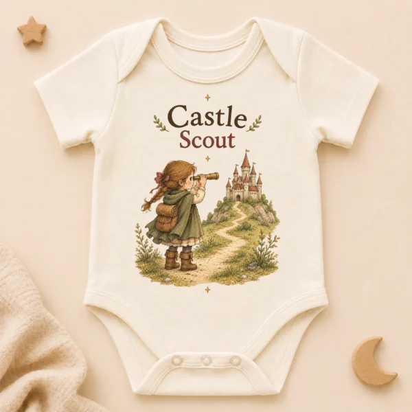 Castle Scout, Storybook Fantasy Baby Bodysuit or Toddler Shirt — alternate product mockup castle scout baby bodysuit product photo