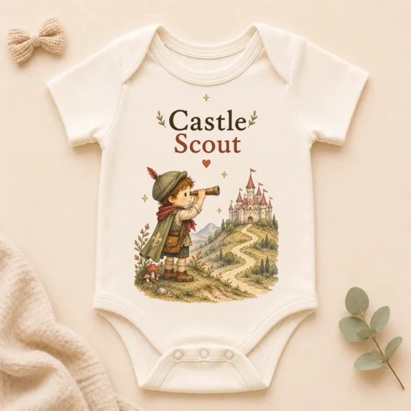 Castle Scout, Storybook Fantasy Baby Bodysuit or Toddler Shirt — alternate product mockup castle scout baby bodysuit product photo