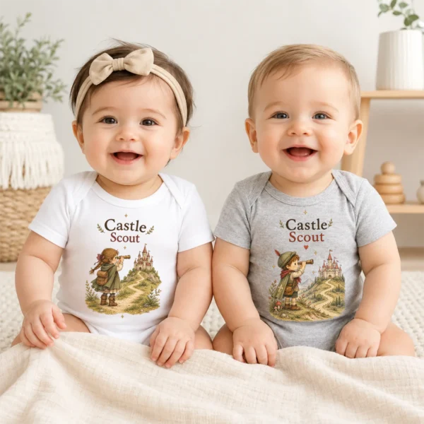Castle Scout, Storybook Fantasy Baby Bodysuit or Toddler Shirt — baby bodysuit mockup castle scout baby bodysuit model mockup