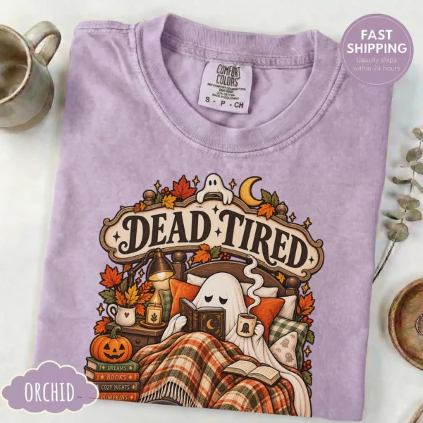 Dead Tired Still Reading Ghost, Cozy Halloween Book Lover — alternate product mockup cozy Halloween book lover shirt t-shirt product photo