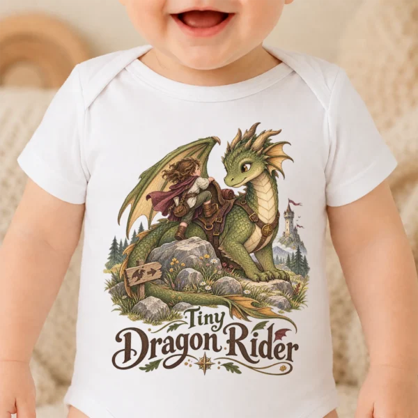 Dragon Rider Baby Bodysuit or Toddler Shirt, Tiny Dragon Rider — baby bodysuit mockup dragon baby bodysuit close-up detail