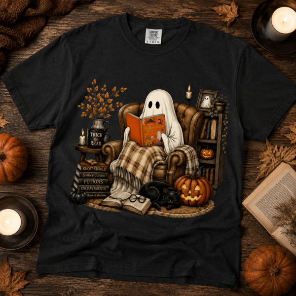 gb3 Halloween ghost reading shirt t-shirt front view