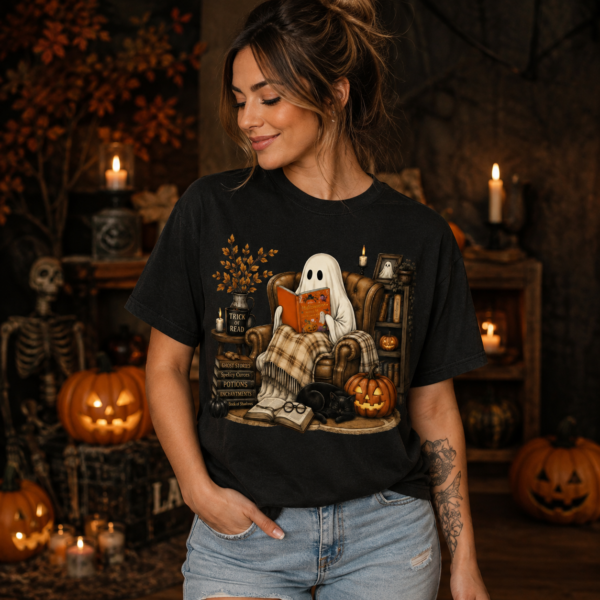 gb4 Halloween ghost reading shirt t-shirt mockup view