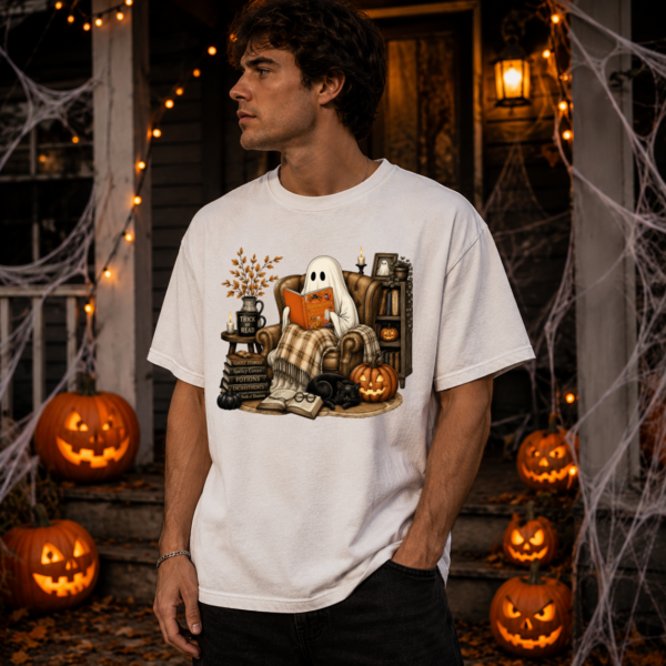 gb6 Halloween ghost reading shirt t-shirt close-up detail