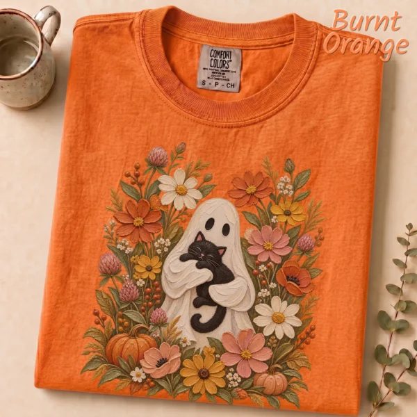 Ghost Black Cat Shirt, Cottagecore Halloween Tee, Autumn Floral Tee — alternate product mockup ghost cat Halloween shirt t-shirt lifestyle scene