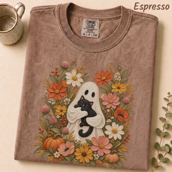 Ghost Black Cat Shirt, Cottagecore Halloween Tee, Autumn Floral Tee — alternate product mockup ghost cat Halloween shirt t-shirt close-up detail