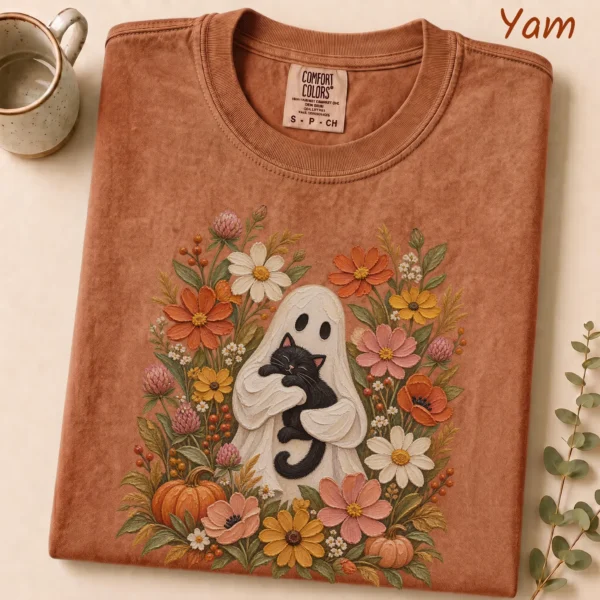 Ghost Black Cat Shirt, Cottagecore Halloween Tee, Autumn Floral Tee — alternate product mockup ghost cat Halloween shirt t-shirt product photo