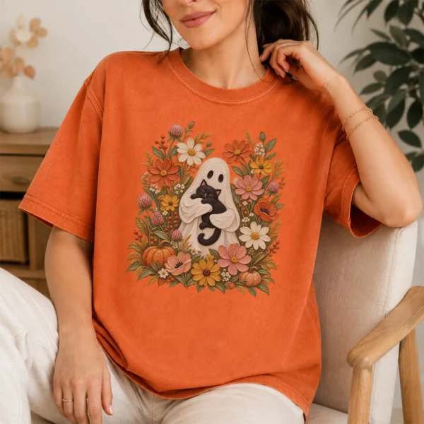 Ghost Black Cat Shirt, Cottagecore Halloween Tee, Autumn Floral Tee — lifestyle mockup ghost cat Halloween shirt t-shirt lifestyle scene