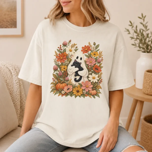 Ghost Black Cat Shirt, Cottagecore Halloween Tee, Autumn Floral Tee — lifestyle mockup ghost cat Halloween shirt t-shirt lifestyle scene