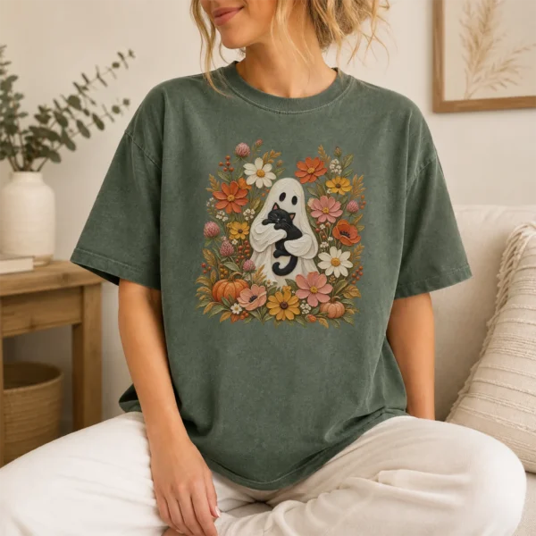 Ghost Black Cat Shirt, Cottagecore Halloween Tee, Autumn Floral Tee — lifestyle mockup ghost cat Halloween shirt t-shirt lifestyle scene