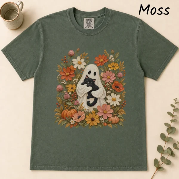 Ghost Black Cat Shirt, Cottagecore Halloween Tee, Autumn Floral Tee — alternate product mockup ghost cat Halloween shirt t-shirt flat lay view