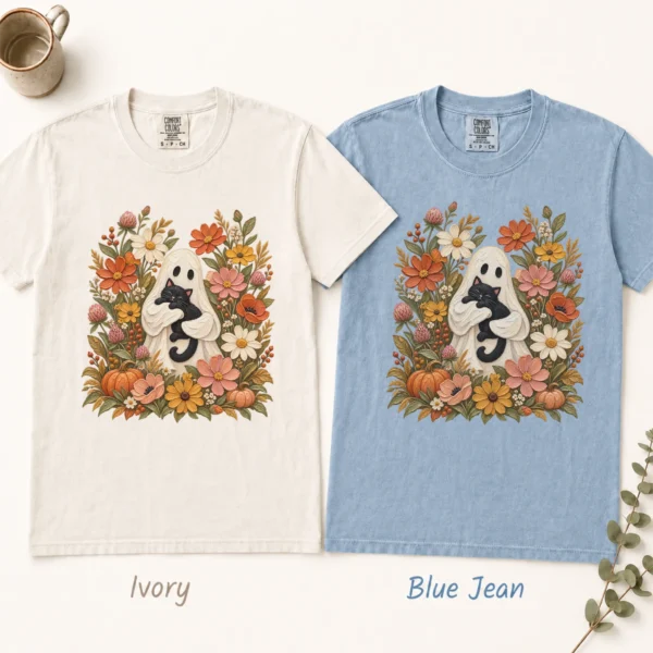Ghost Black Cat Shirt, Cottagecore Halloween Tee, Autumn Floral Tee — alternate product mockup ghost cat Halloween shirt t-shirt color options
