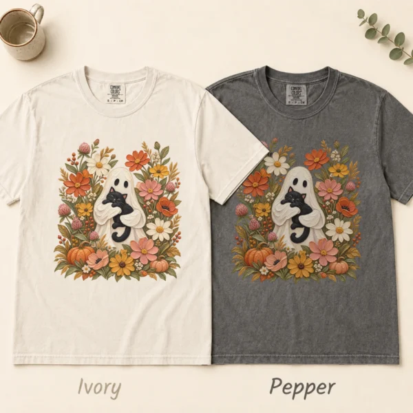 Ghost Black Cat Shirt, Cottagecore Halloween Tee, Autumn Floral Tee — product mockup ghost cat Halloween shirt t-shirt color options