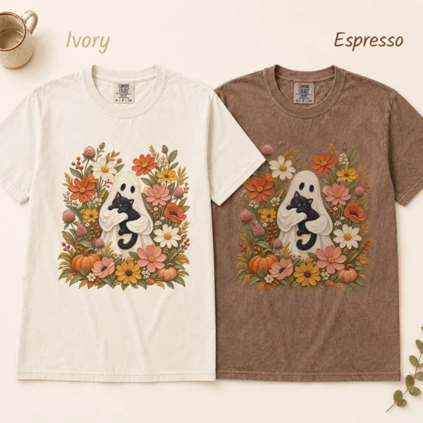 Ghost Black Cat Shirt, Cottagecore Halloween Tee, Autumn Floral Tee — alternate product mockup ghost cat Halloween shirt t-shirt color options