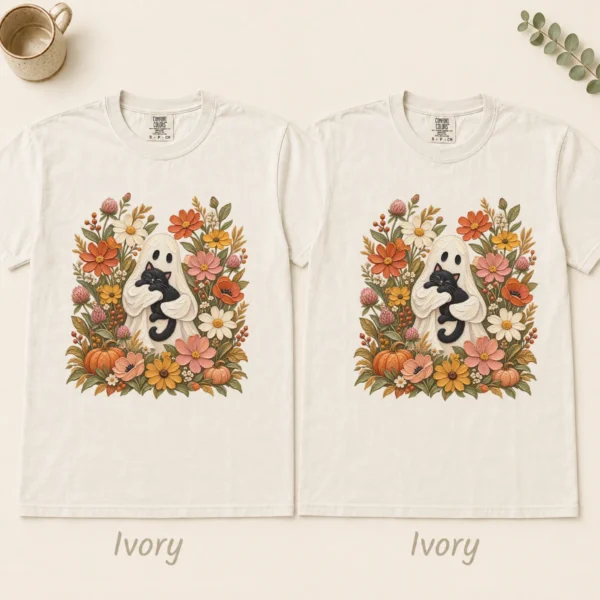 Ghost Black Cat Shirt, Cottagecore Halloween Tee, Autumn Floral Tee — alternate product mockup ghost cat Halloween shirt t-shirt color options