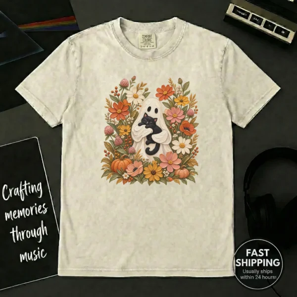 Ghost Black Cat Shirt, Cottagecore Halloween Tee, Autumn Floral Tee — alternate product mockup ghost cat Halloween shirt t-shirt product photo
