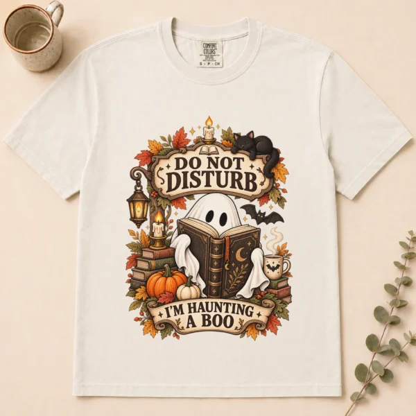 Do Not Disturb Ghost Reader, I'm Haunting a Boo — alternate product mockup ghost reader t-shirt flat lay view