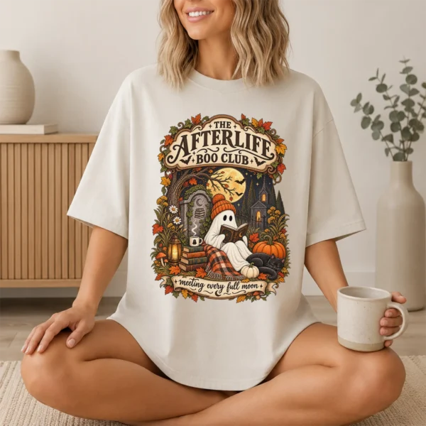 Fall Ghost Reading the Afterlife Boo Club Halloween Shirt — lifestyle mockup ghost reading shirt t-shirt lifestyle scene