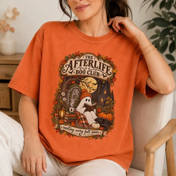 Fall Ghost Reading the Afterlife Boo Club Halloween Shirt — lifestyle mockup ghost reading shirt t-shirt lifestyle scene