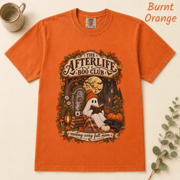 Fall Ghost Reading the Afterlife Boo Club Halloween Shirt — alternate product mockup ghost reading shirt t-shirt flat lay view