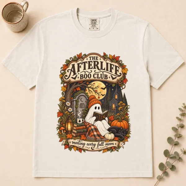 Fall Ghost Reading the Afterlife Boo Club Halloween Shirt — alternate product mockup ghost reading shirt t-shirt flat lay view