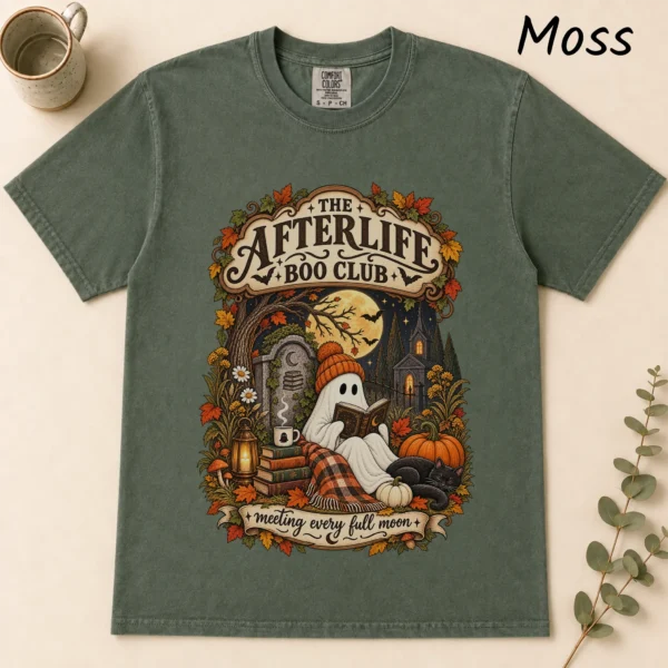 ghost reading shirt t-shirt flat lay view