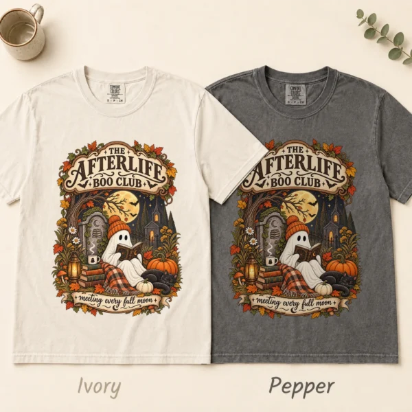 Fall Ghost Reading the Afterlife Boo Club Halloween Shirt — alternate product mockup ghost reading shirt t-shirt color options