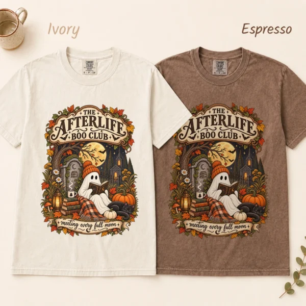 Fall Ghost Reading the Afterlife Boo Club Halloween Shirt — alternate product mockup ghost reading shirt t-shirt color options