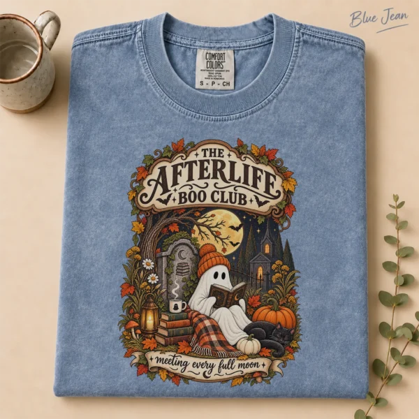 Fall Ghost Reading the Afterlife Boo Club Halloween Shirt — alternate product mockup ghost reading shirt t-shirt product photo