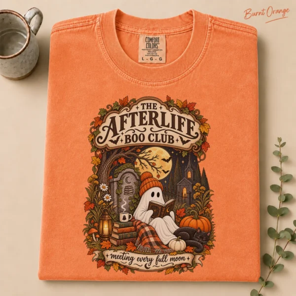 Fall Ghost Reading the Afterlife Boo Club Halloween Shirt — alternate product mockup ghost reading shirt t-shirt product photo