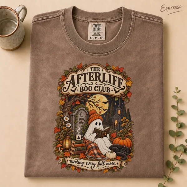 Fall Ghost Reading the Afterlife Boo Club Halloween Shirt — alternate product mockup ghost reading shirt t-shirt product photo
