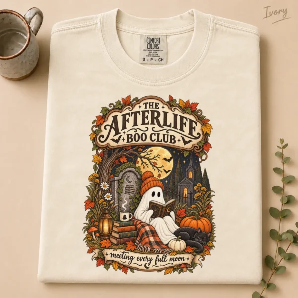 Fall Ghost Reading the Afterlife Boo Club Halloween Shirt — alternate product mockup ghost reading shirt t-shirt product photo