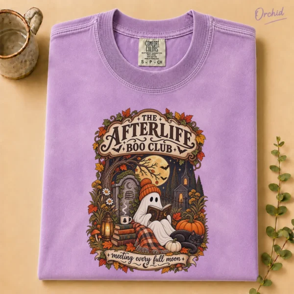 Fall Ghost Reading the Afterlife Boo Club Halloween Shirt — alternate product mockup ghost reading shirt t-shirt product photo