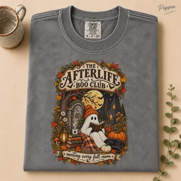 Fall Ghost Reading the Afterlife Boo Club Halloween Shirt — alternate product mockup ghost reading shirt t-shirt product photo
