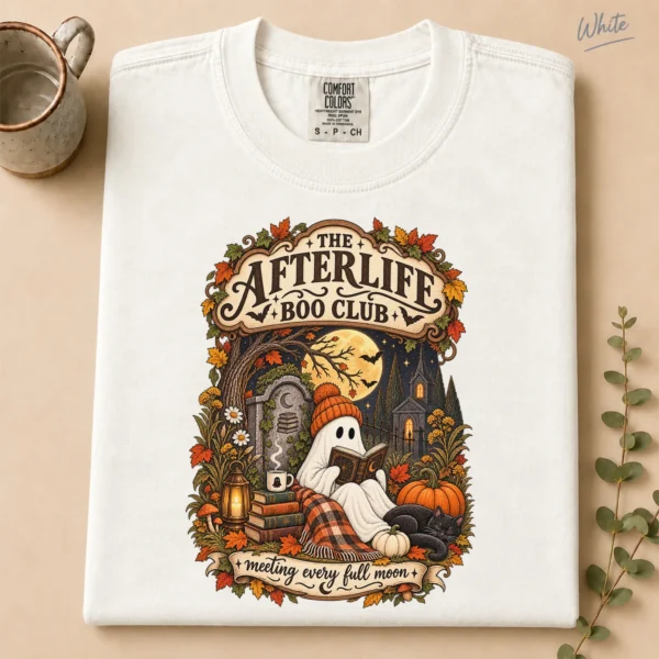 Fall Ghost Reading the Afterlife Boo Club Halloween Shirt — alternate product mockup ghost reading shirt t-shirt product photo