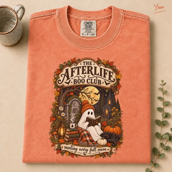 Fall Ghost Reading the Afterlife Boo Club Halloween Shirt — alternate product mockup ghost reading shirt t-shirt product photo