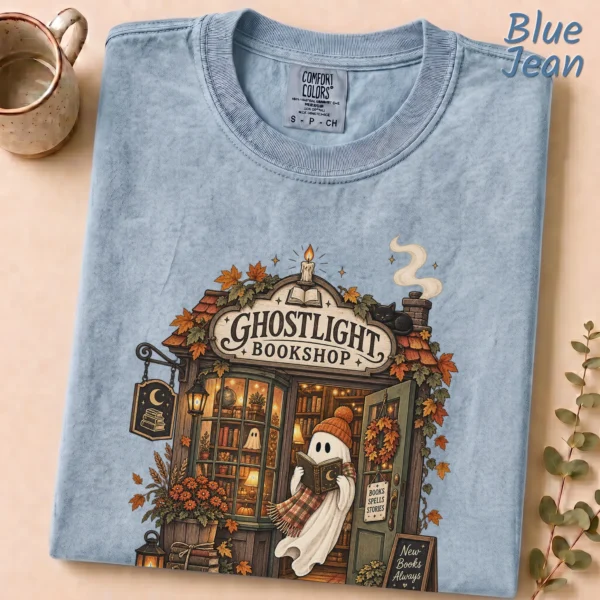 Ghostlight Bookshop Ghost, Spooky Autumn Book Lover — alternate product mockup Ghostlight Bookshop Halloween Shirt t-shirt front view
