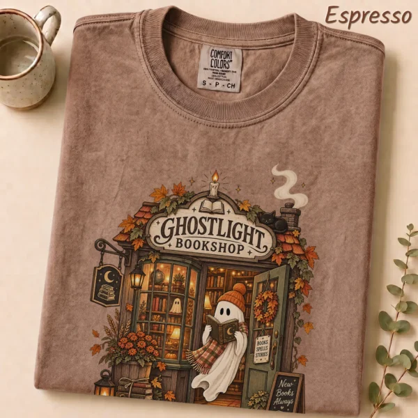 Ghostlight Bookshop Ghost, Spooky Autumn Book Lover — alternate product mockup Ghostlight Bookshop Halloween Shirt t-shirt lifestyle scene