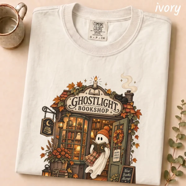 Ghostlight Bookshop Ghost, Spooky Autumn Book Lover — alternate product mockup Ghostlight Bookshop Halloween Shirt t-shirt close-up detail