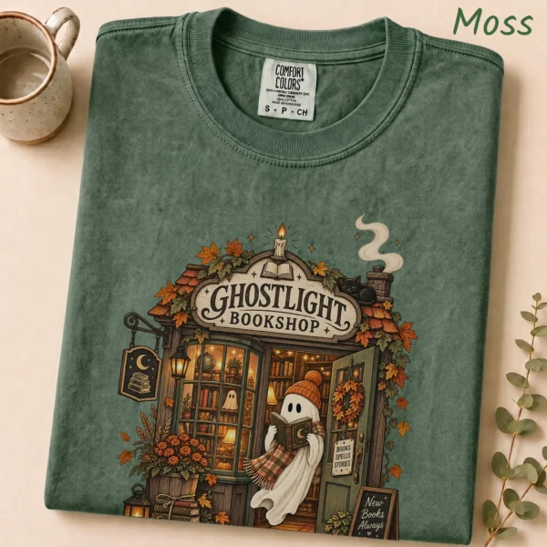 Ghostlight Bookshop Ghost, Spooky Autumn Book Lover — alternate product mockup Ghostlight Bookshop Halloween Shirt t-shirt product detail