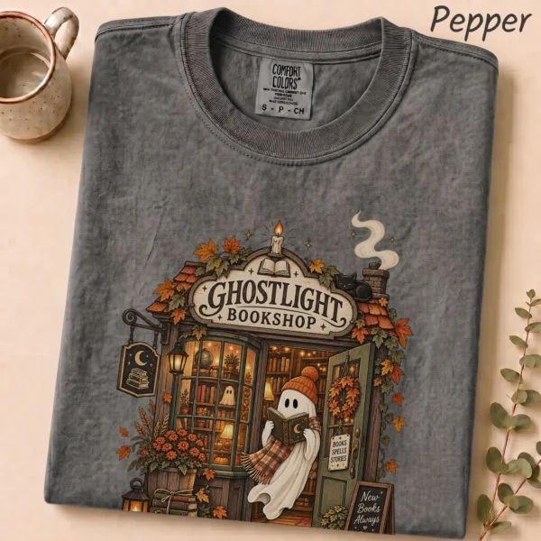 Ghostlight Bookshop Ghost, Spooky Autumn Book Lover — alternate product mockup Ghostlight Bookshop Halloween Shirt t-shirt alternate angle