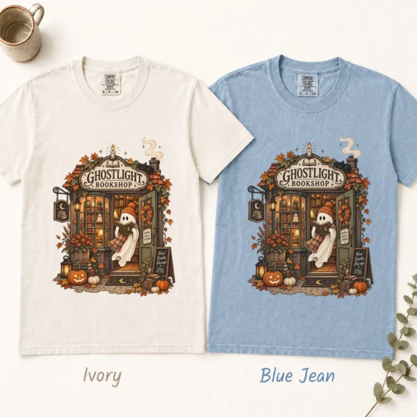 Ghostlight Bookshop Ghost, Spooky Autumn Book Lover — alternate product mockup Ghostlight Bookshop Halloween Shirt t-shirt color options