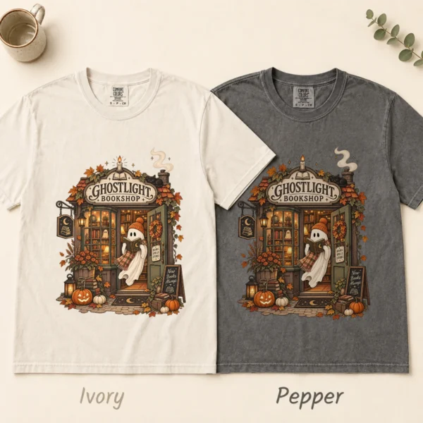Ghostlight Bookshop Ghost, Spooky Autumn Book Lover — alternate product mockup Ghostlight Bookshop Halloween Shirt t-shirt color options